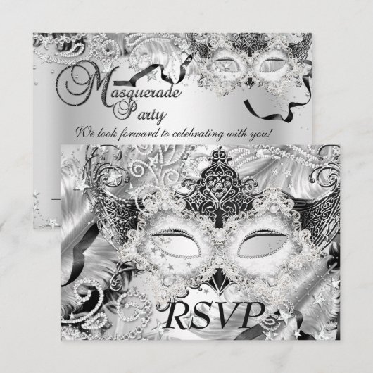 Silver Sparkle Mask Masquerade Party RSVP Kaartje (Voorkant / Achterkant)