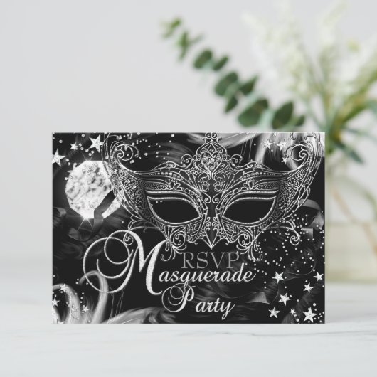 Silver Sparkle Mask Star Night Masquerade RSVP Kaartje (Staand voorkant)