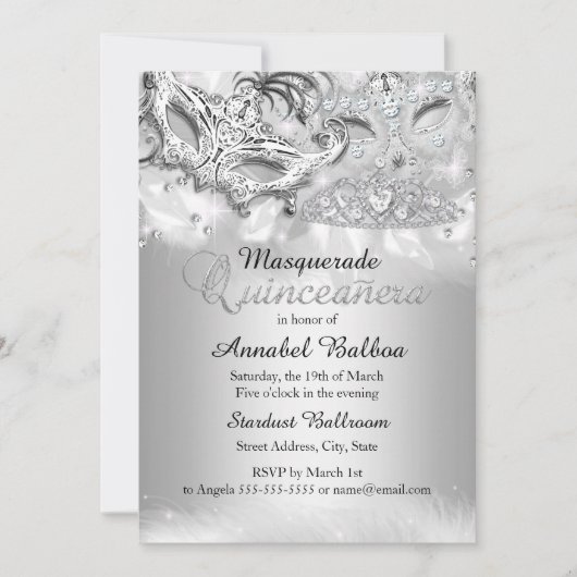 Silver Sparkle Masquerade Quinceanera Invite Kaart (Voorkant)