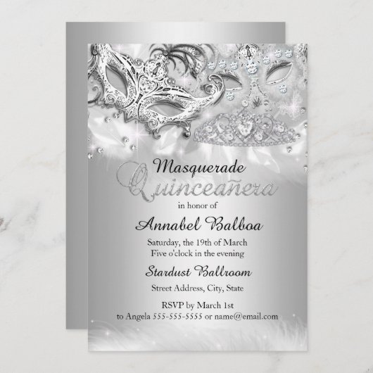 Silver Sparkle Masquerade Quinceanera Invite Kaart (Voorkant / Achterkant)