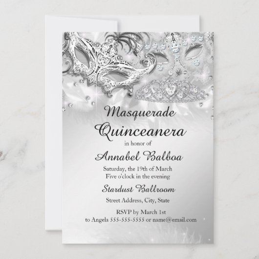 Silver Sparkle Masquerade Quinceanera Party Kaart (Voorkant)