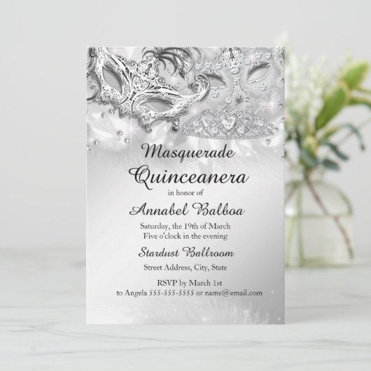 Silver Sparkle Masquerade Quinceanera Party Kaart (Staand voorkant)