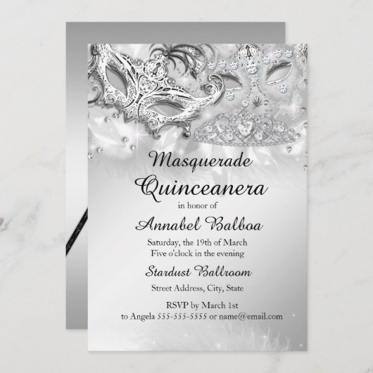 Silver Sparkle Masquerade Quinceanera Party Kaart (Voorkant / Achterkant)