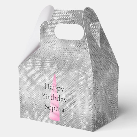 Silver Sparkle Pink Glam Unicorn Verjaardag Bedankdoosjes (Voorkant)