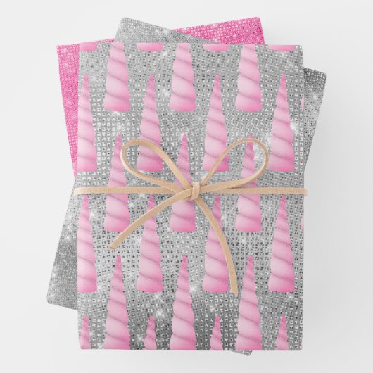 Silver Sparkle Pink Glam Unicorn Verjaardag Inpakpapier Vel (In situ)