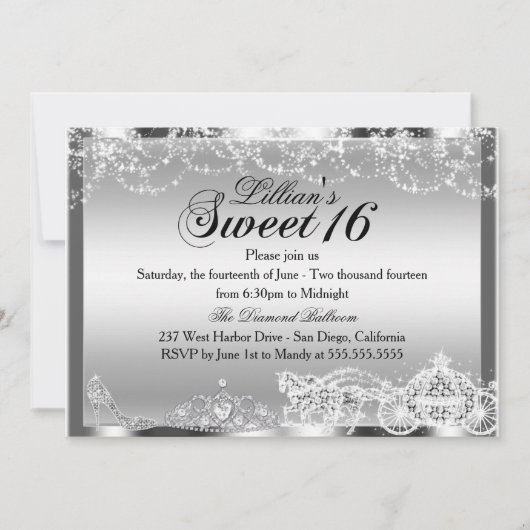 Silver Sparkle Princess Theme Sweet 16 Invite Kaart (Voorkant)