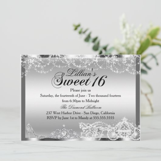 Silver Sparkle Princess Theme Sweet 16 Invite Kaart (Staand voorkant)
