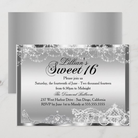 Silver Sparkle Princess Theme Sweet 16 Invite Kaart (Voorkant / Achterkant)