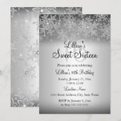 Silver Sparkle Snowflake Sweet 16 Invitation Kaart (Voorkant / Achterkant)