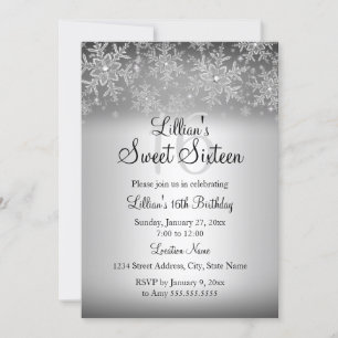 Silver Sparkle Snowflake Sweet 16 Invitation Kaart