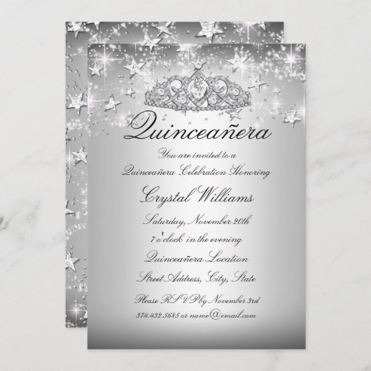 Silver Sparkle Tiara Stars Quinceanera Invite Kaart (Voorkant / Achterkant)