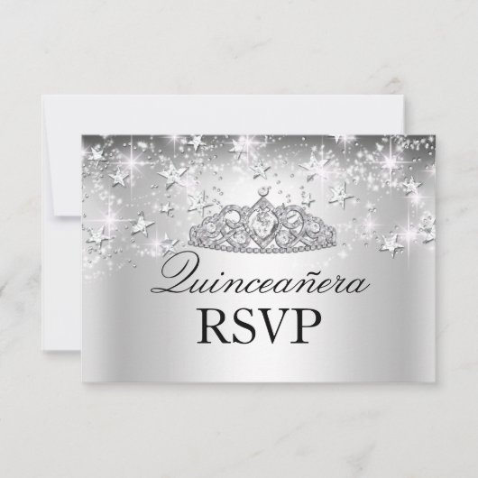 Silver Sparkle Tiara & Stars Quinceanera RSVP (Voorkant)