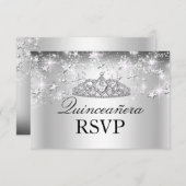 Silver Sparkle Tiara & Stars Quinceanera RSVP (Voorkant / Achterkant)