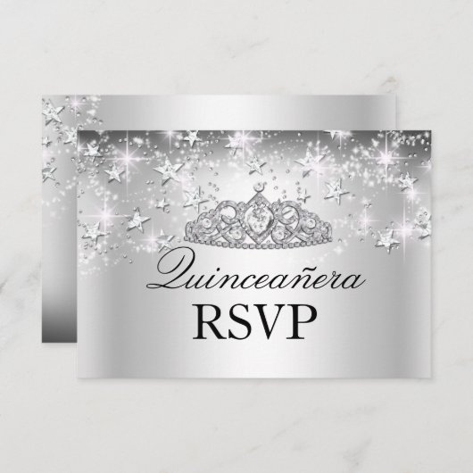Silver Sparkle Tiara & Stars Quinceanera RSVP (Voorkant / Achterkant)