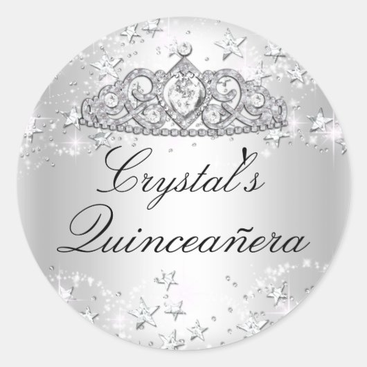 Silver Sparkle Tiara & Stars Quinceanera Sticker (Voorkant)