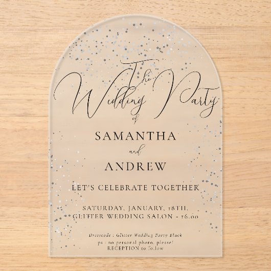 Silver Sparkle Wedding Acryl Uitnodigingen (Voorkant)