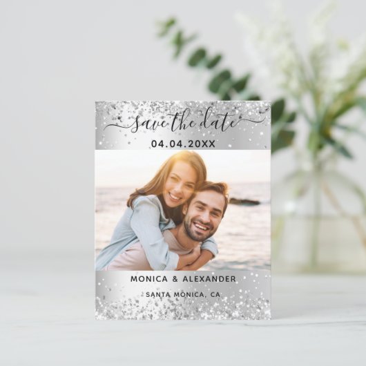 Silver sparkles foto bruiloft Save the Date (Staand voorkant)