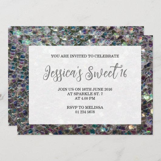 Silver sparkles mosaic Sweet 16 elegant script Kaart (Voorkant / Achterkant)