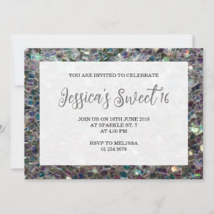 Silver sparkles mosaic Sweet 16 elegant script Kaart