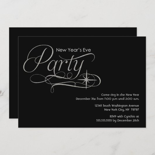 Silver Sparkles New Year's Eve Party Invitation Kaart (Voorkant / Achterkant)