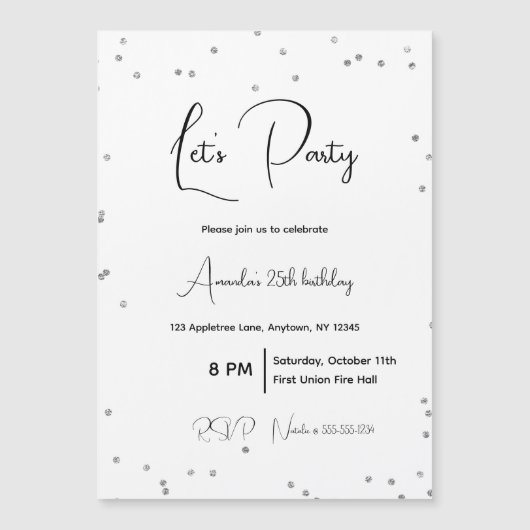 Silver Sparkles Volledig Feest Magnetische Uitnodiging (Voorkant)