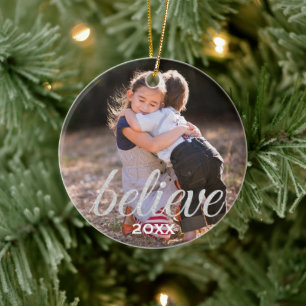 Silver Sparkly Believe Script-kerstfoto Keramisch Ornament