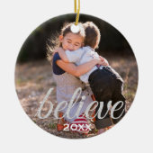 Silver Sparkly Believe Script-kerstfoto Keramisch Ornament (Voorkant)