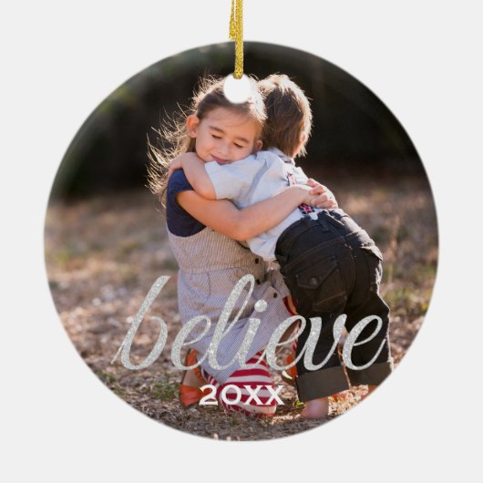 Silver Sparkly Believe Script-kerstfoto Keramisch Ornament (Achterkant)