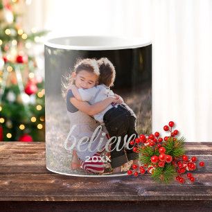 Silver Sparkly Believe Script-kerstfoto Koffiemok