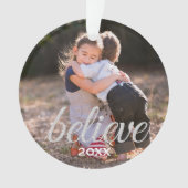 Silver Sparkly Believe Script-kerstfoto Ornament (voorkant)