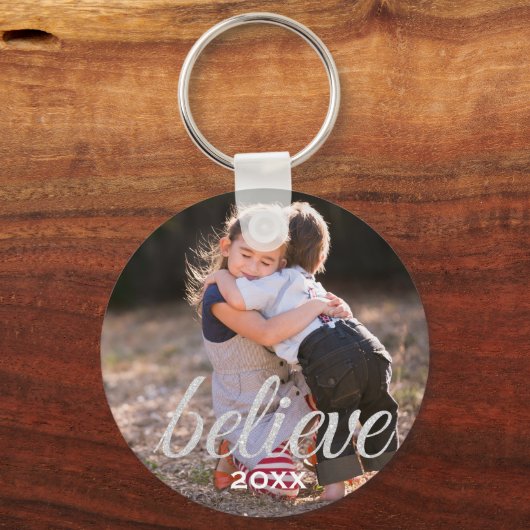 Silver Sparkly Believe Script-kerstfoto Sleutelhanger (Voorkant)