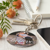 Silver Sparkly Believe Script-kerstfoto Sleutelhanger (Zijkant)