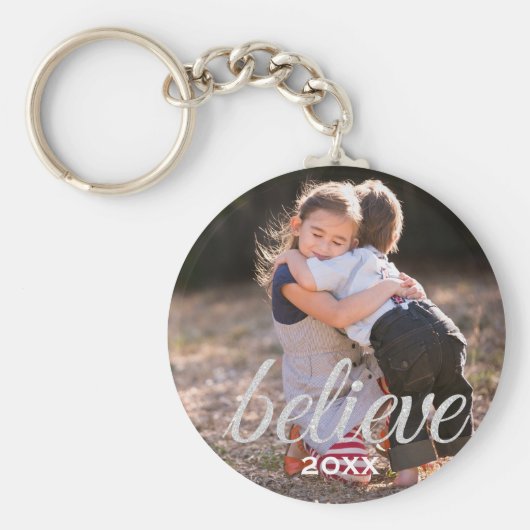 Silver Sparkly Believe Script-kerstfoto Sleutelhanger (Voorkant)
