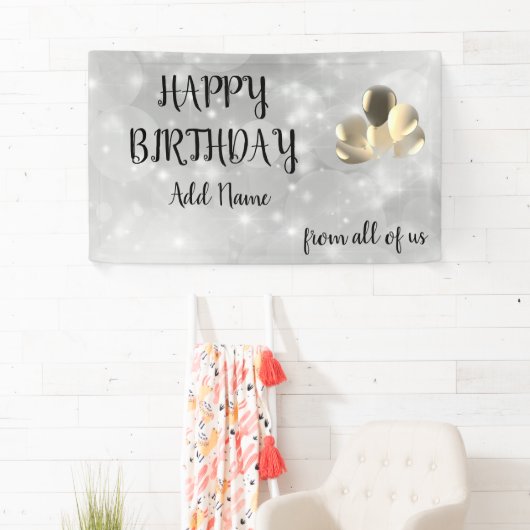 Silver Sparkly design Happy Birthday Spandoek (Insitu)