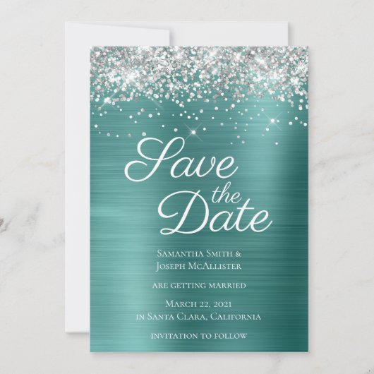 Silver Sparkly Glitter Aqua Blauwgroen Ombre Folie Save The Date (Voorkant)