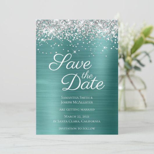 Silver Sparkly Glitter Aqua Blauwgroen Ombre Folie Save The Date (Staand voorkant)