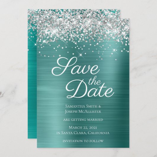 Silver Sparkly Glitter Aqua Blauwgroen Ombre Folie Save The Date (Voorkant / Achterkant)
