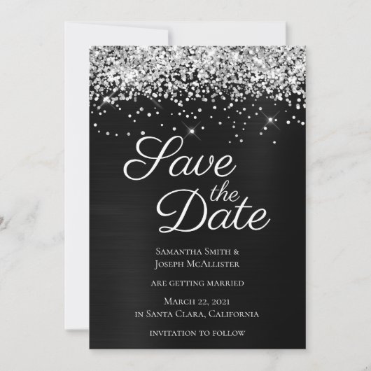 Silver Sparkly Glitter Black Ombre-Folie Save The Date (Voorkant)
