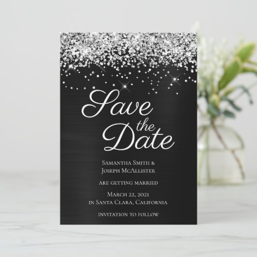 Silver Sparkly Glitter Black Ombre-Folie Save The Date (Staand voorkant)