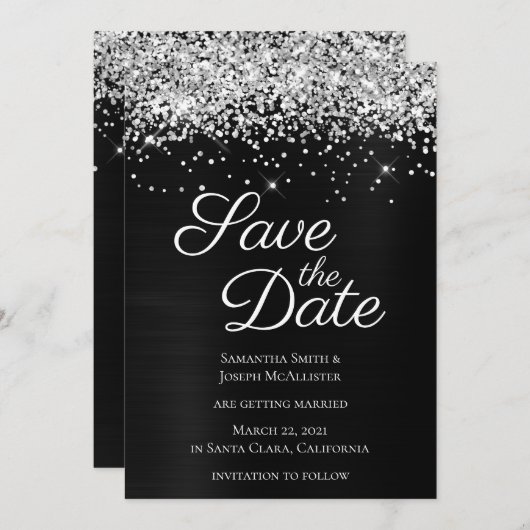 Silver Sparkly Glitter Black Ombre-Folie Save The Date (Voorkant / Achterkant)