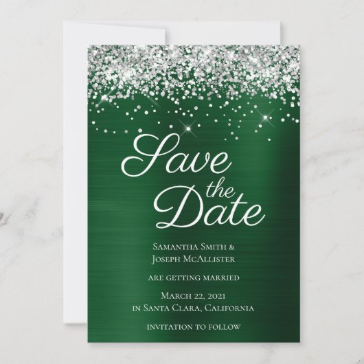 Silver Sparkly Glitter Dark Green Ombre-Folie Save The Date (Voorkant)