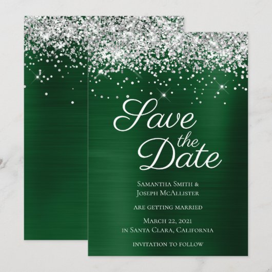 Silver Sparkly Glitter Dark Green Ombre-Folie Save The Date (Voorkant / Achterkant)