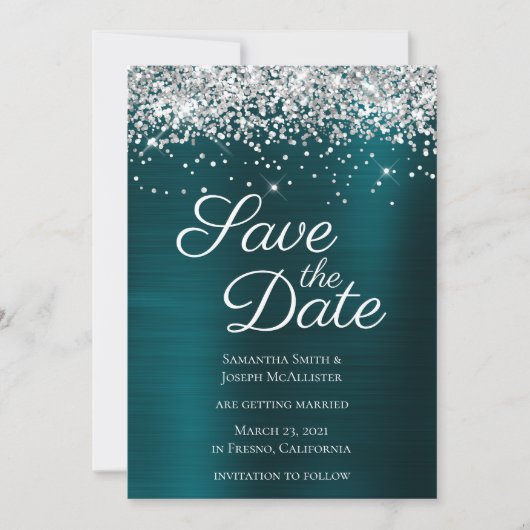 Silver Sparkly Glitter Dark Turquoise Ombre Folie Save The Date (Voorkant)