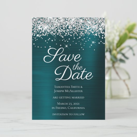 Silver Sparkly Glitter Dark Turquoise Ombre Folie Save The Date (Staand voorkant)