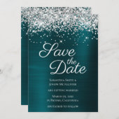 Silver Sparkly Glitter Dark Turquoise Ombre Folie Save The Date (Voorkant / Achterkant)
