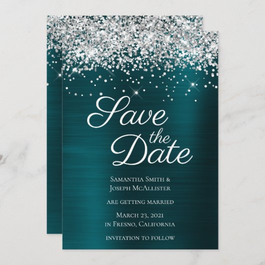 Silver Sparkly Glitter Dark Turquoise Ombre Folie Save The Date (Voorkant / Achterkant)