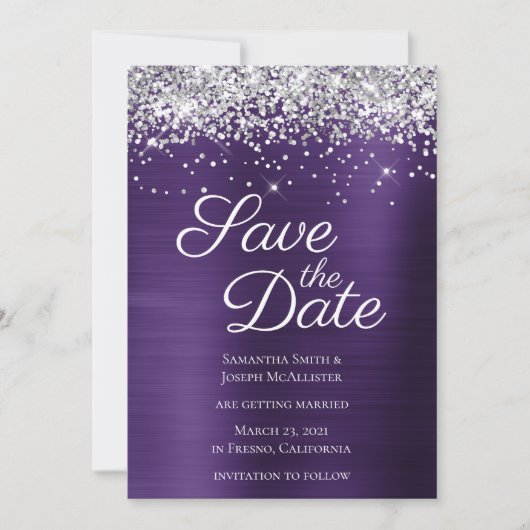 Silver Sparkly Glitter Dark Violet Ombre Folie Save The Date (Voorkant)