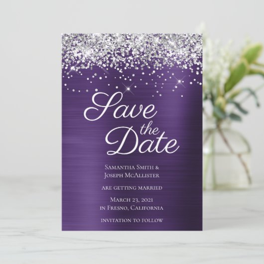 Silver Sparkly Glitter Dark Violet Ombre Folie Save The Date (Staand voorkant)