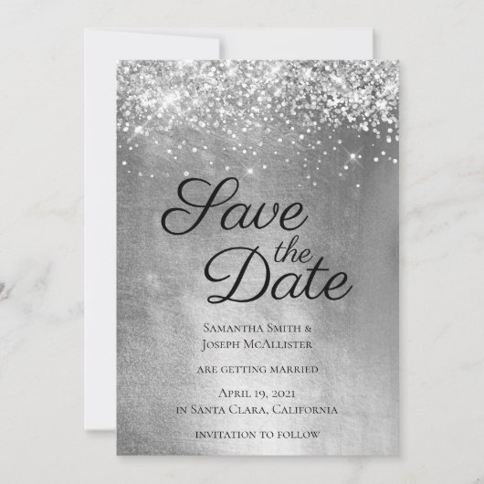 Silver Sparkly Glitter en Shiny Ombre Folie Save The Date (Voorkant)