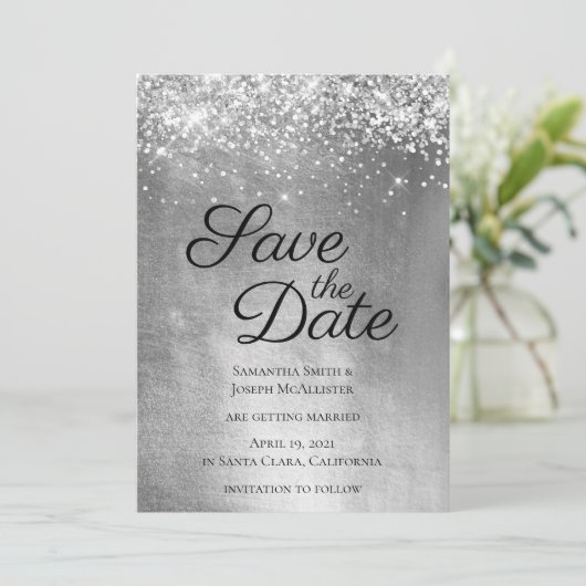 Silver Sparkly Glitter en Shiny Ombre Folie Save The Date (Staand voorkant)